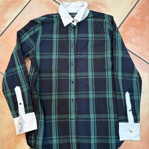 J. Crew Green and Blue Button Down Shirt with White Collar. FairTrade